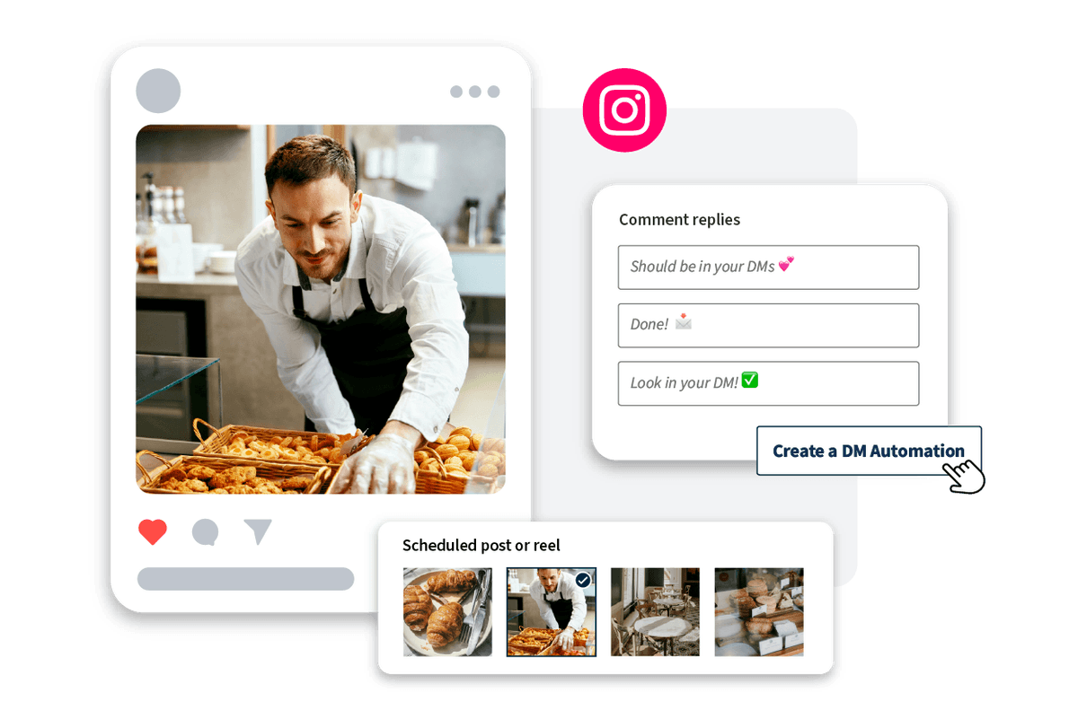 Chef in white shirt and black apron arranging fresh pastries in a bakery display case, with Instagram interface elements shown
